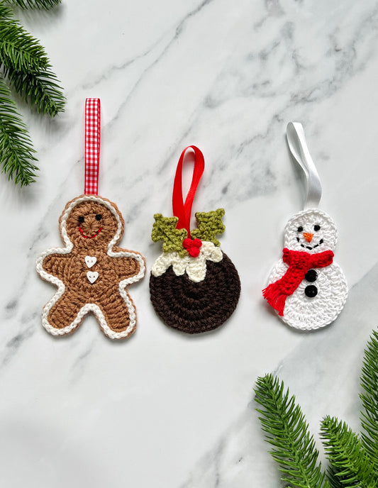 Set of Three Christmas Decorations (Christmas pudding, Gingerbread man, Snowman)
